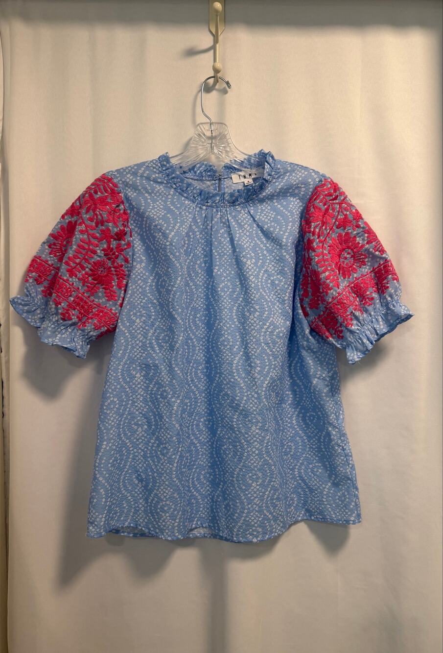 THML Light Blue Patterned Blouse with Red Puff Sleeves